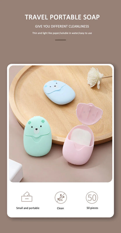 50Pcs Portable Disposable Cleaning Soap Paper New Cartoon Travel Paper Soap Cute Paper Soap Disposable Bear Soap