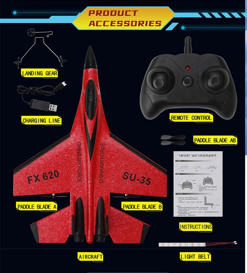 2.4G RC Plane SU35 Aircraft Remote Control Flying Model Glider EPP Foam With LED Lights Toys For Children Airplane Gifts