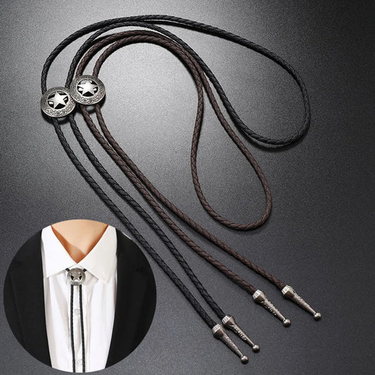 Vintage Adjustable Bull Head Five Stars Western Cowboy Bolo Tie Rodeo Dance Necktie Faux Leather Necklace Men Collar Accessories